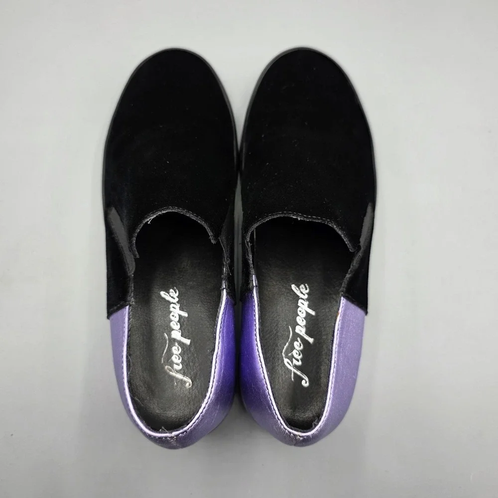 Free People Varsity Sneakers Womens 37 Black Velvet Purple Leather Metallic Shoe